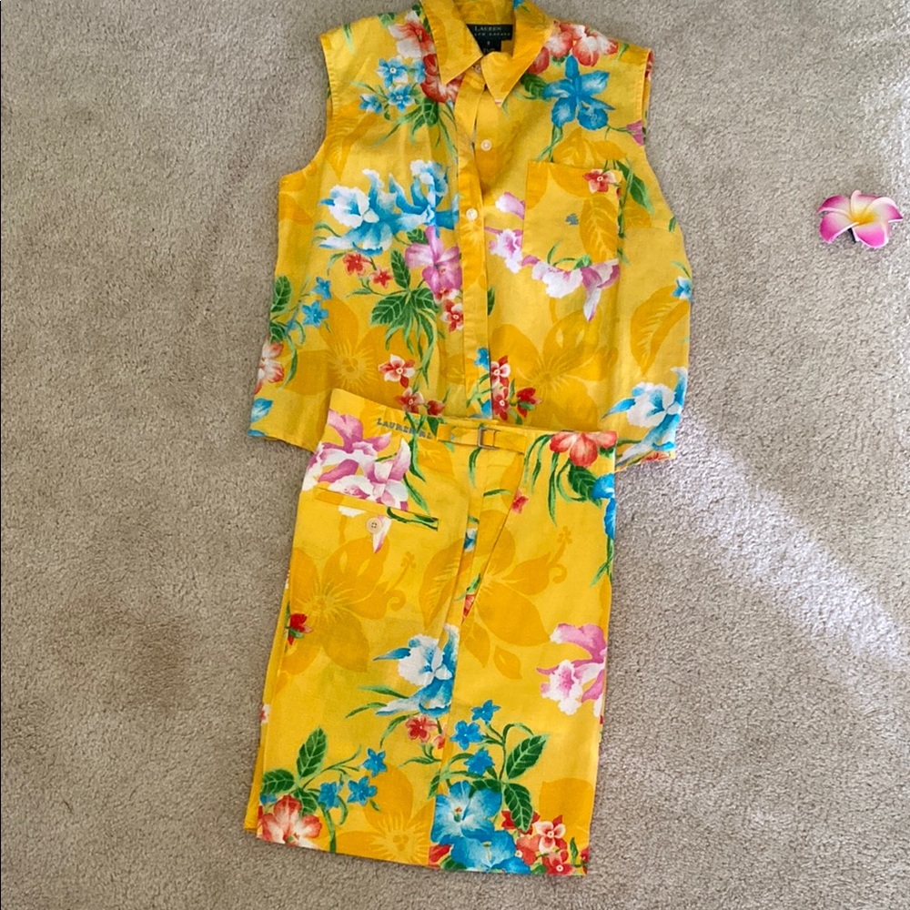 Vintage Ralph Lauren linen floral Yellow high-waisted shorts and top, S - Picture 15 of 15